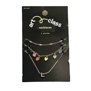 Art Class 3 Piece Necklace Set Gold Tone Layered Charms Initial L Rainbow Hearts